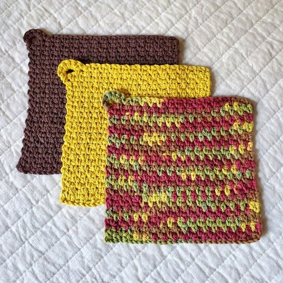 3 CROCHET DISHCLOTH WASHCLOTH 100% COTTON HANDMADE NEW Brown Yellow Green Fall - Picture 10 of 11